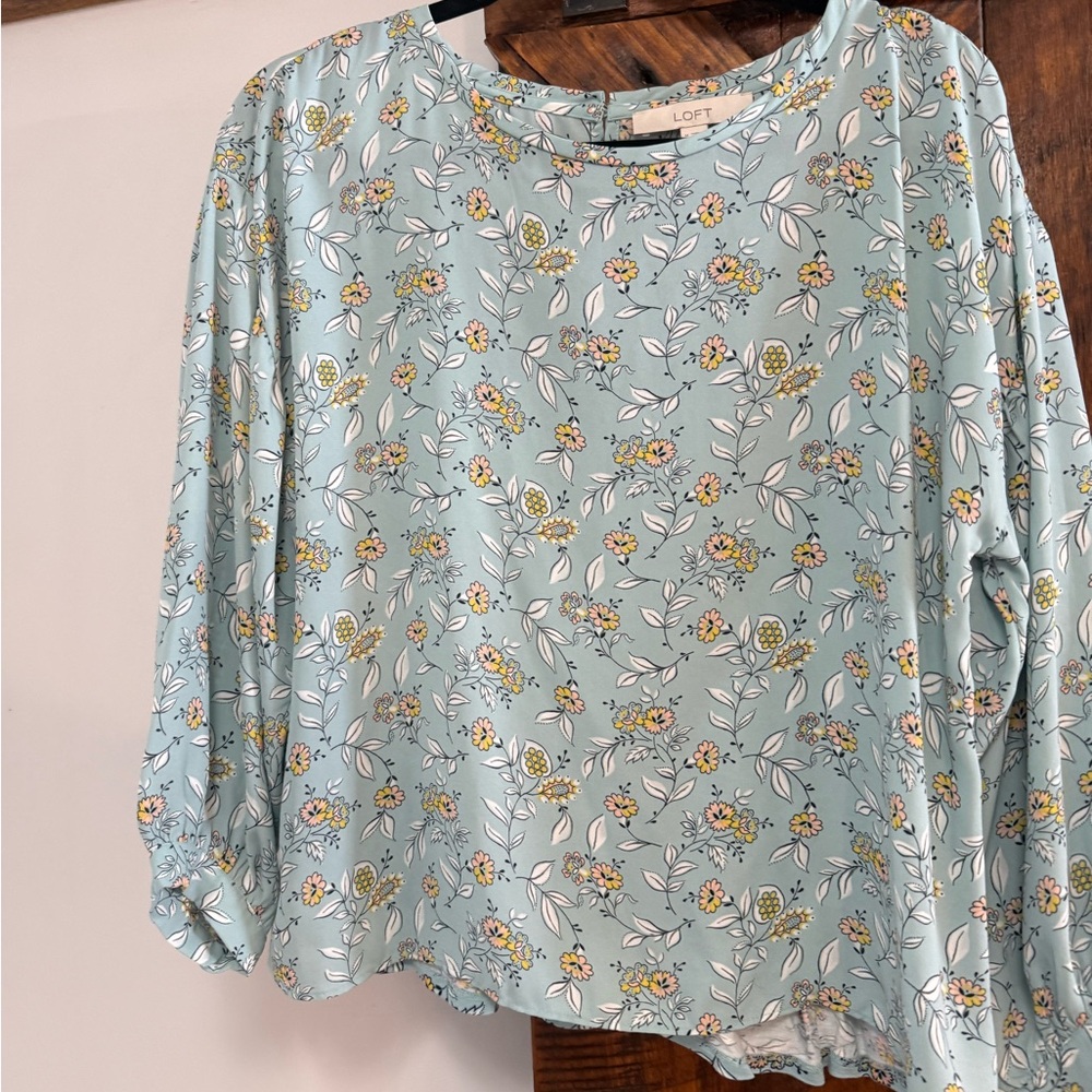 LOFT Floral Print Blouse - Soft Blue and Yellow